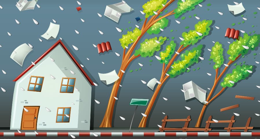 Graphic of a storm affecting a house and the immediate surroundings