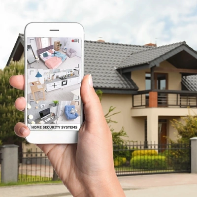 Mobile vivint phone display of cctv live feed in front of a house
